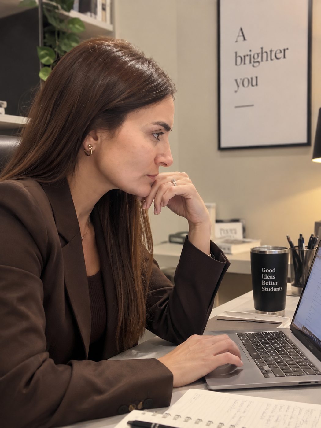 Vanina Sciarrone pensativa frente a su computadora, trabajando en su investigación
